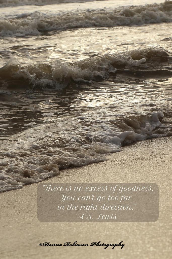 "There is no excess of goodness. You can't go too far in the right direction." Quote by C.S. Lewis. Photograph of waves on the sand at sunset. Photograph by Donna Robinson Photography.